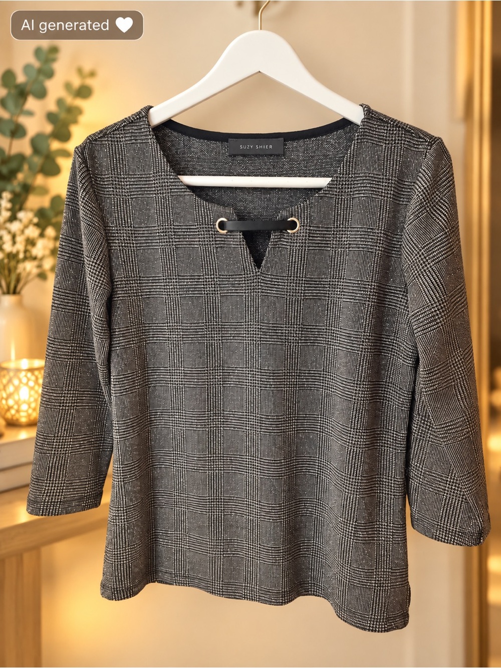 Suzy Shier Gray Plaid Long Sleeve Top with Eyelet Detail